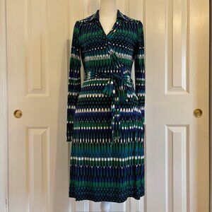Calvin Klein Blue/Green/Black Geometric Print Long Sleeve Wrap Dress Size 4